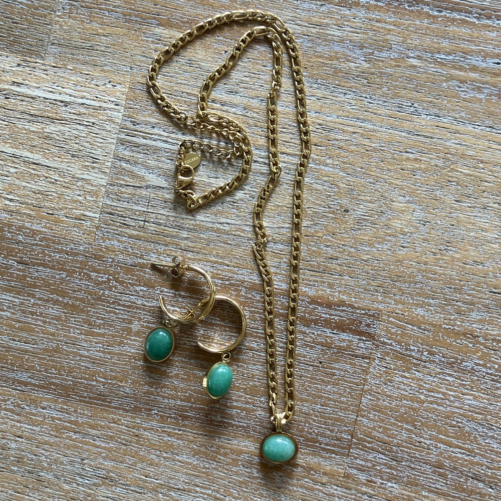 Gold Plated Necklace and Hoop Earrings with Green Stone Set